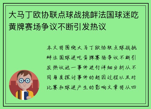 大马丁欧协联点球战挑衅法国球迷吃黄牌赛场争议不断引发热议