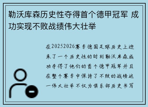 勒沃库森历史性夺得首个德甲冠军 成功实现不败战绩伟大壮举